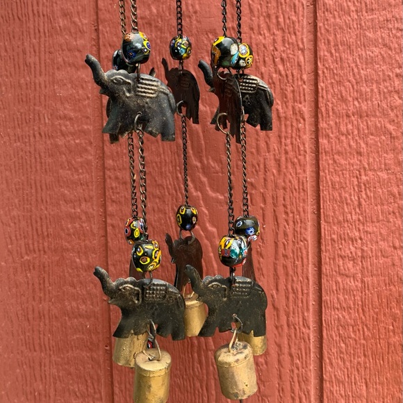 Elephant Boho Wind Chime Mobile w/ Millefiori Porcelain Beads Recycled Cow Bells - Picture 8 of 13